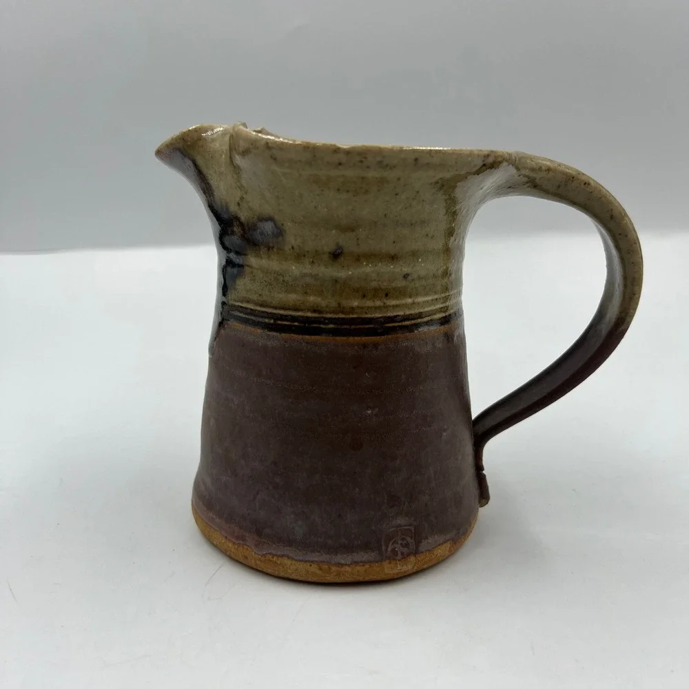 Vtg Handmade Stoneware Pitcher Brown Tan Drip Glaze Signed Studio Pottery